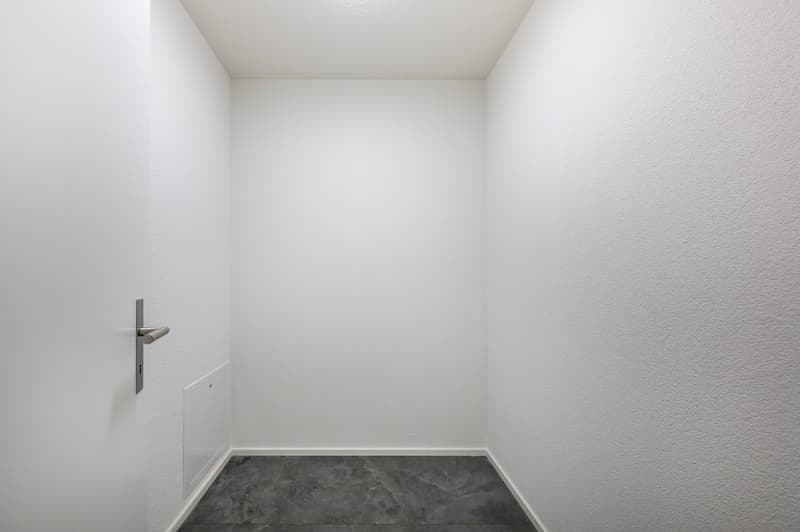 empty room, white walls, gray floor, door, small door in the wall