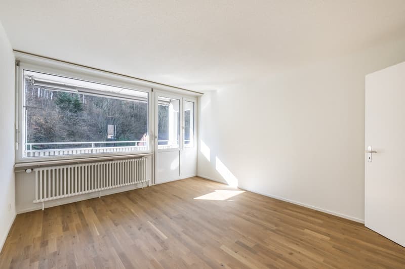 empty room, wooden floor, white walls, large window, balcony, radiator