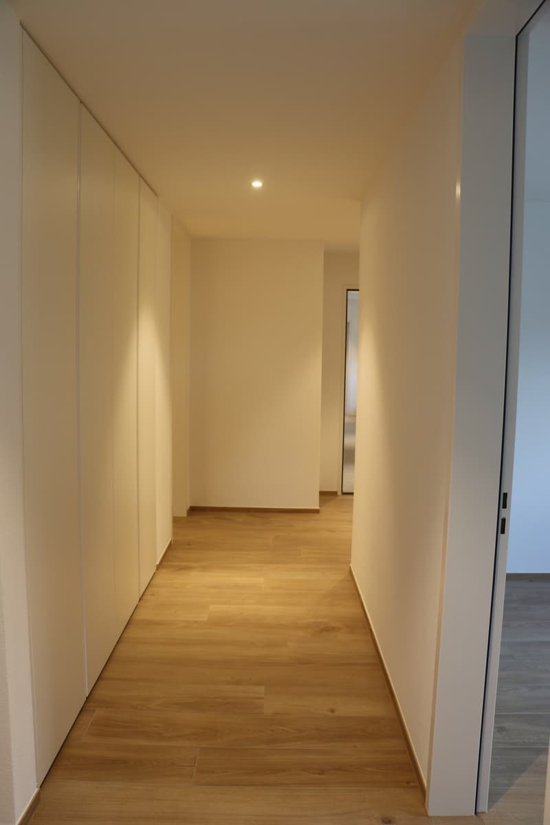 Hallway with wooden floor and white walls, large closets on the left side