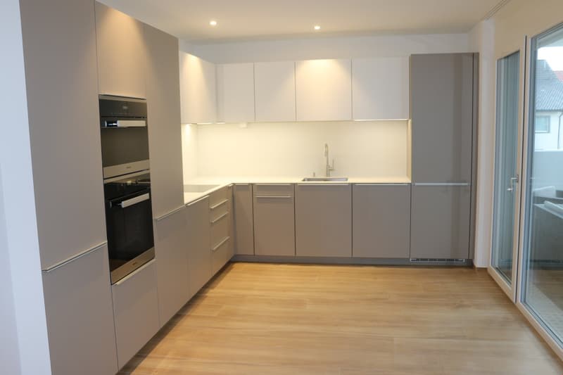 Modern kitchen with wooden floors, integrated oven and dishwasher, stainless steel sink and faucet, white cabinets and countertops, sliding glass door
