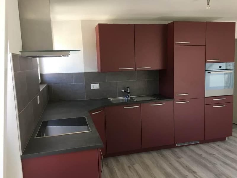 Modern kitchen with burgundy cabinets, stainless steel countertops, electric oven, integrated sink with faucet, black countertops, two sinks, tiled backsplash.