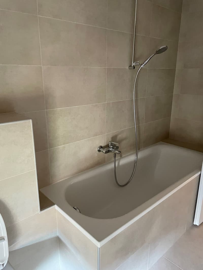 white bathtub, tiled walls, toilet, showerhead