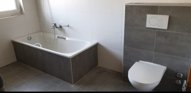 Bathroom with bathtub, white tiles, white toilet, shower, gray wall