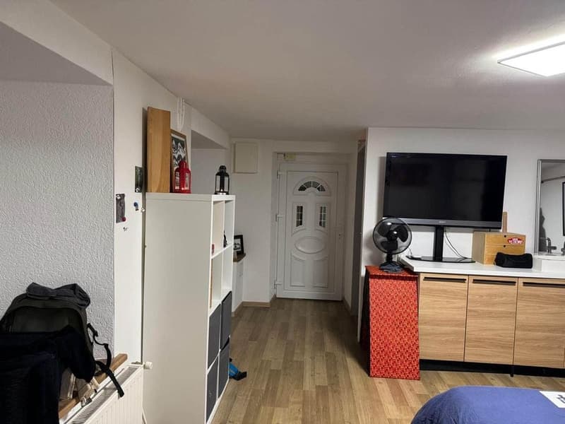 room with hardwood floor, white walls, white shelving unit, white radiator, TV, fan, entrance door, hallway leading to another room