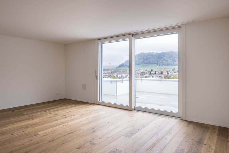 empty room, wooden floor, sliding glass doors, balcony, view of mountains