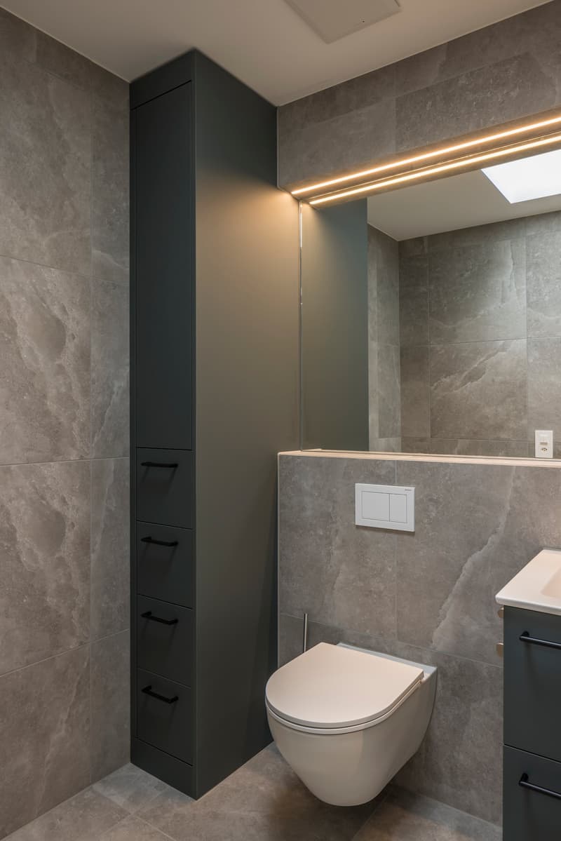 modern bathroom, gray tiles, white toilet, gray cabinet, mirror, white sink, white switch