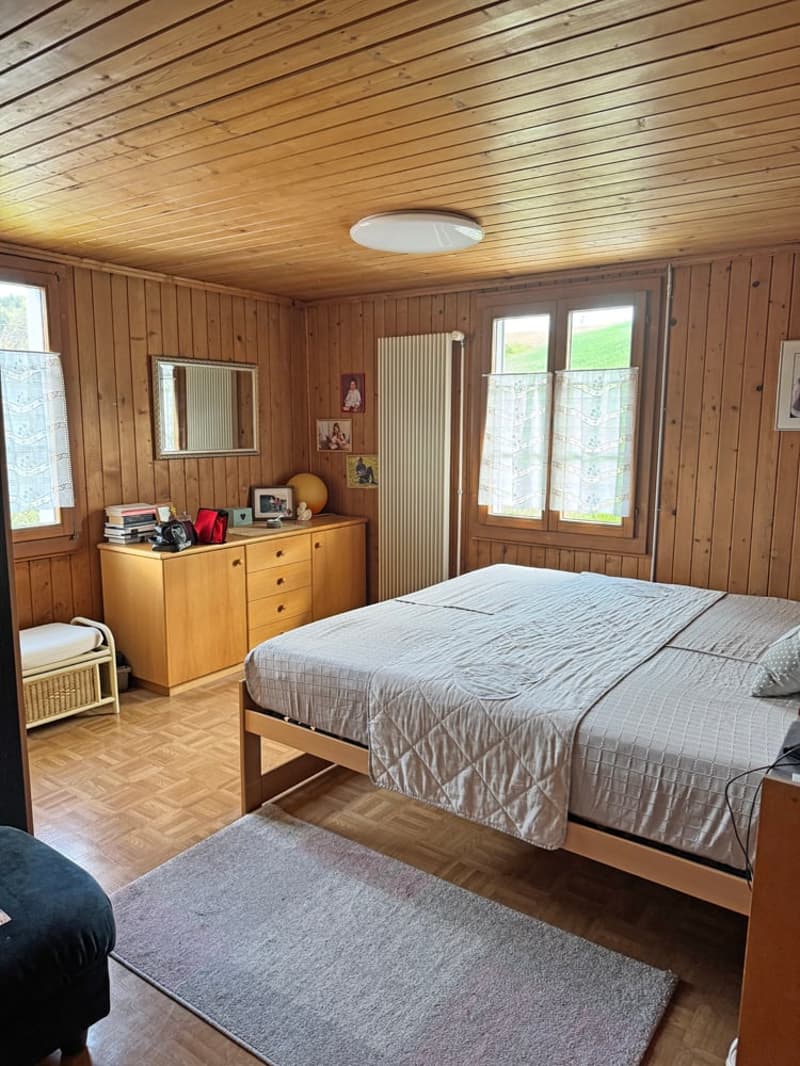 bedroom with wooden walls, wooden bed, wooden cabinet, carpet, mirror, radiator, windows, picture frames, ottoman, stool