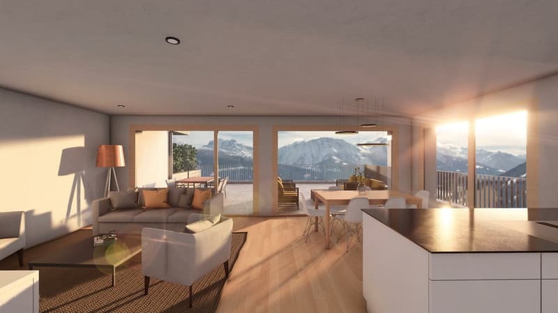 Spacious living room, wooden floors, modern furniture, panoramic windows, balcony, dining area, and a view of the mountains.