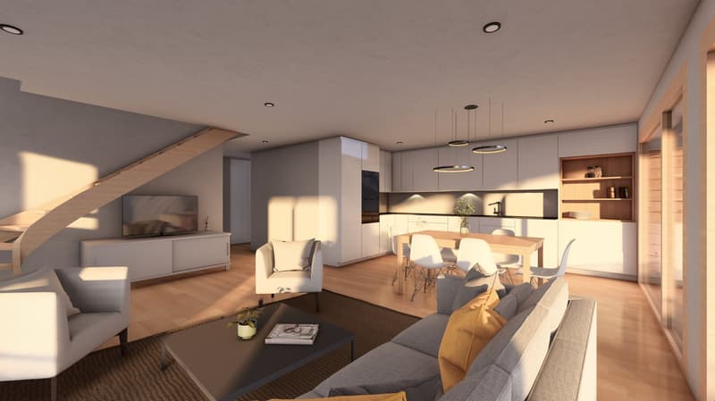 open living room with wooden floor, kitchen with wooden dining table, light gray sofa, dining chairs, television, wooden staircase, built-in cabinets, wall-mounted shelves, modern lighting fixtures, decorative objects, and natural light from windows