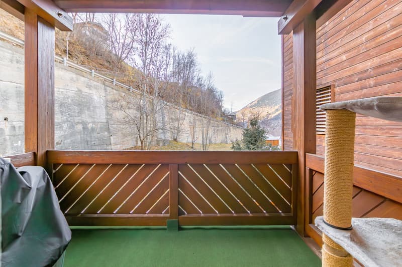 wooden floor balcony with railing, green carpet, view of outside