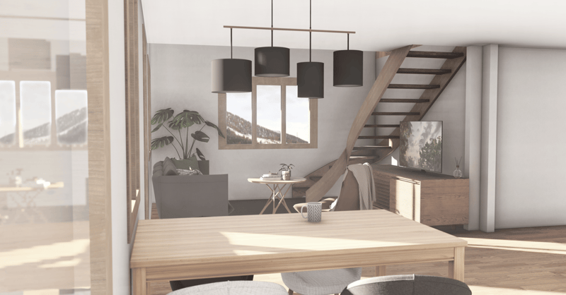 dining room, wooden table, chairs, couch, stairs, window