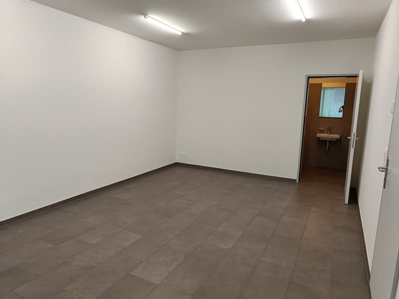 empty room, white walls, tiled floor, ceiling lamp, door to the bathroom
