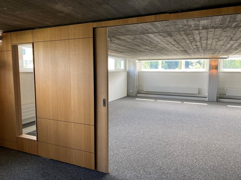 Large open space with wooden wall panels, concrete ceiling, and gray carpeted floor. The room has a sliding door and large windows providing natural light.