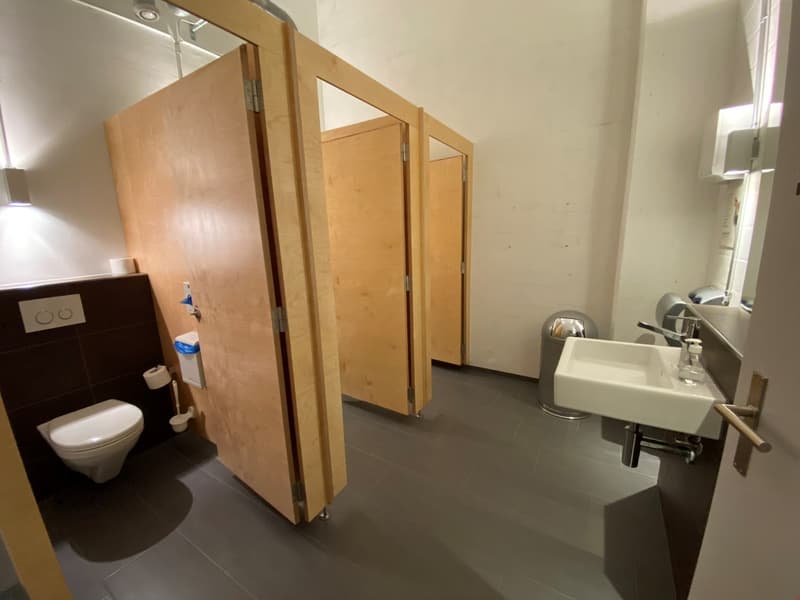 The image shows a bathroom with a toilet, a sink, and wooden stall partitions. The floor appears to be a dark tile or laminate material.