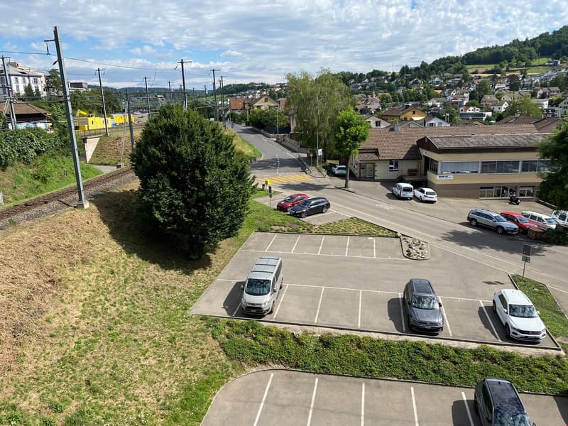 The image shows a residential area with a road, parked cars, and buildings in the background. The landscape includes trees, grassy areas, and a cloudy sky.
