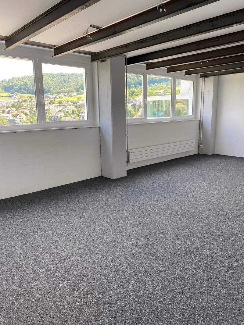 Large open room with exposed wooden beams on the ceiling, gray carpeted floor, and large windows providing a scenic view of the surrounding landscape.