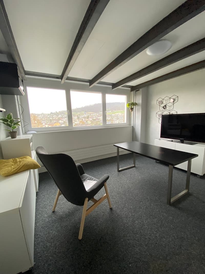 Spacious living room with large windows offering a scenic view, dark wooden beams on the ceiling, black leather chair, black coffee table, and a TV stand with a mounted TV.