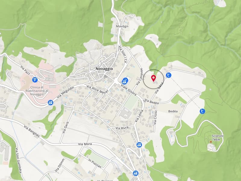 A map shows the central part of Novaggio with highlighted location of the property, including Via Sorè and Via Canavèe.