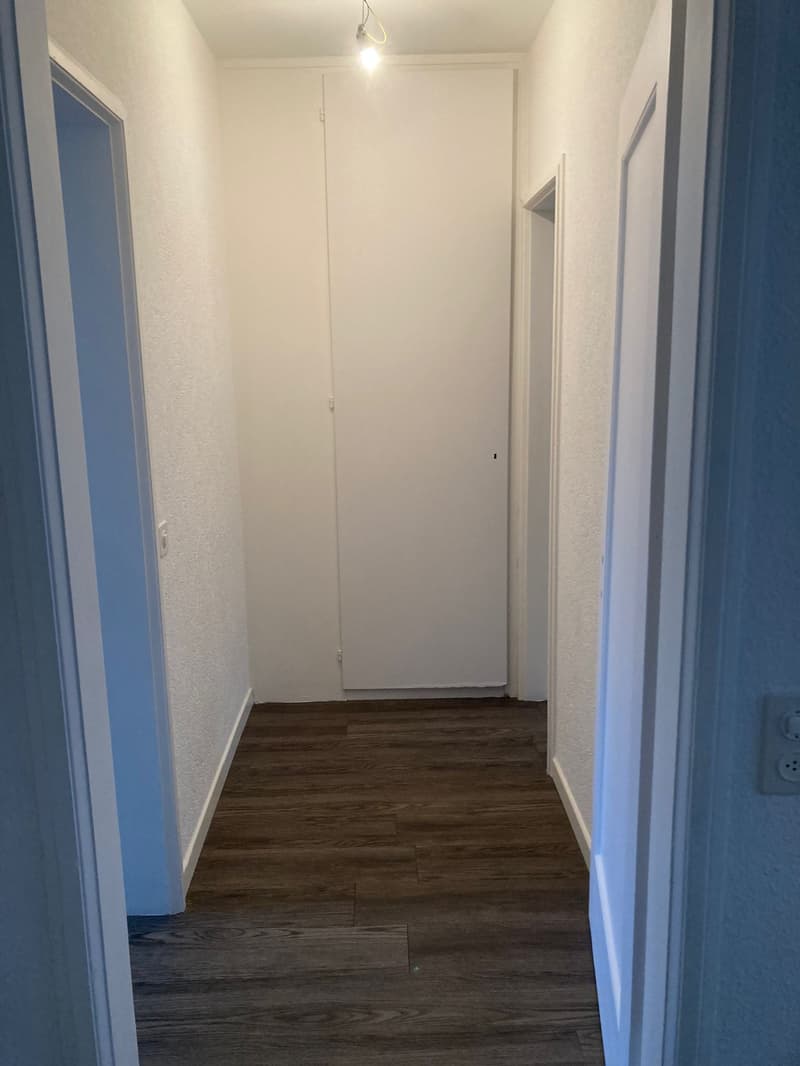 Empty hallway with wooden floors, white walls, doors on both sides, and a power outlet on the wall.