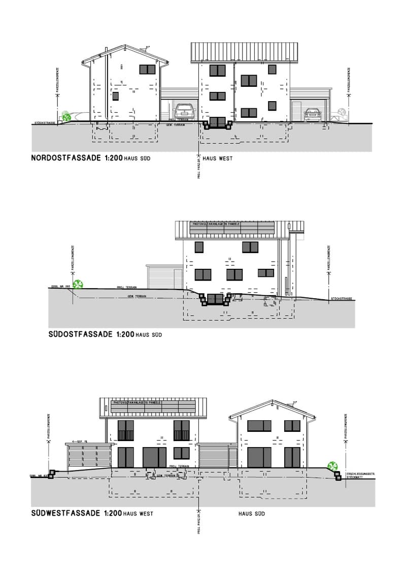 Floor plans for 2 houses, showing the layout of rooms, garages, and outdoor areas for the north, south, and west sides.
