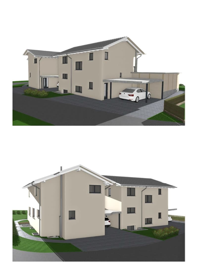 Two-story residential building with a garage beneath the left wing and a carport in the right wing. The exterior walls are painted light gray.
