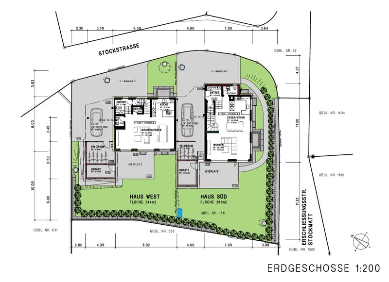 The floor plan shows two houses, Haus West and Haus Süd. Each has a living room, kitchen, bedrooms, bathrooms, and parking. Haus West has a larger floor area of 344m2, and Haus Süd has a slightly smaller floor area of 385m2. Both have a private garage.