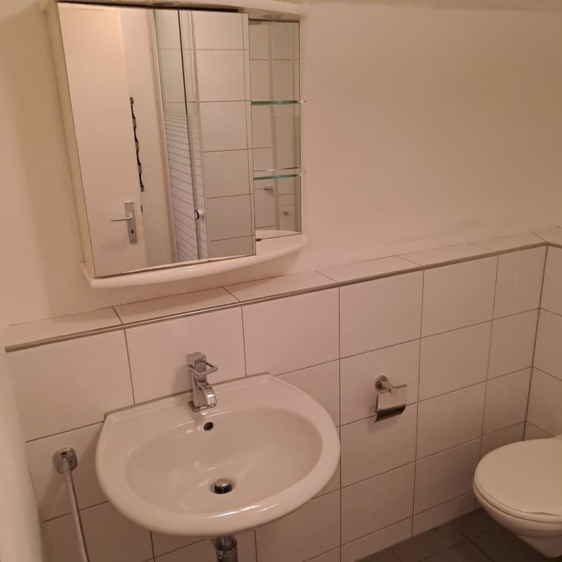 white tiled walls, white sink, mirror, white toilet