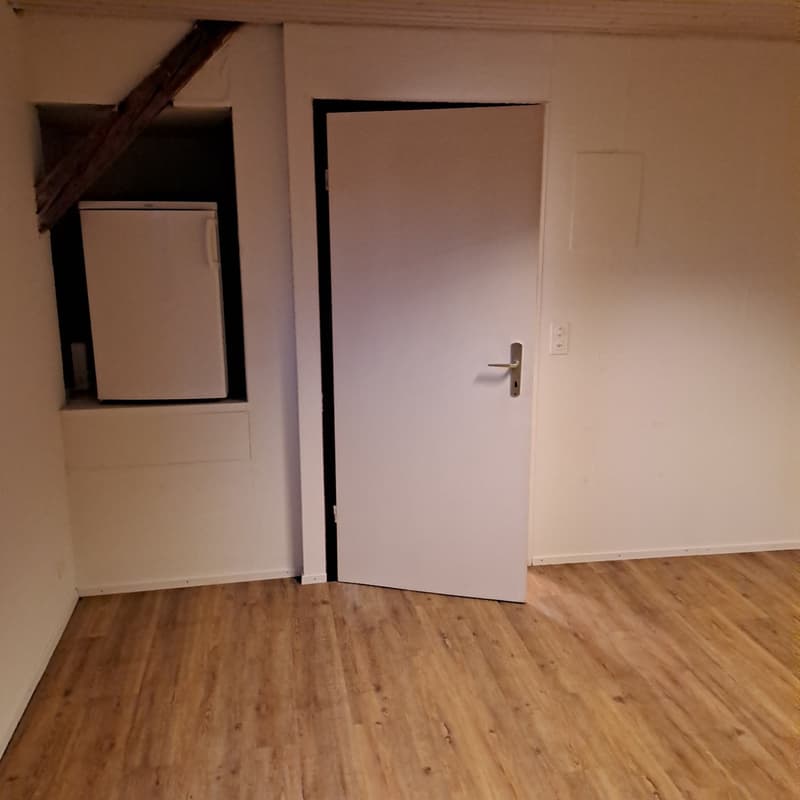 Empty room with wooden floors and white walls. Open door with a power outlet on the right side and a small refrigerator in a niche on the left side.