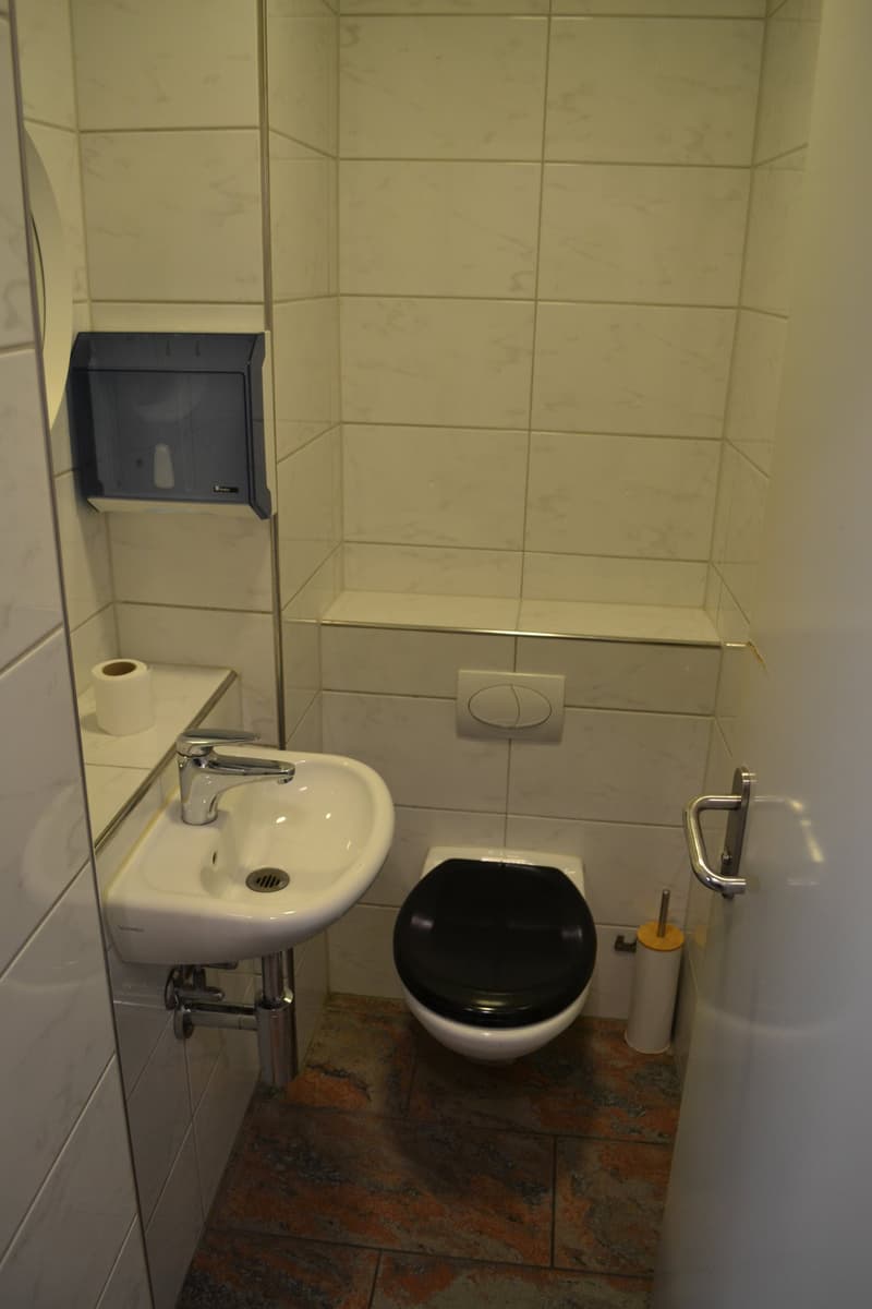 A compact bathroom with a sink, toilet, and a roll of toilet paper mounted on the wall. The floor is tiled.