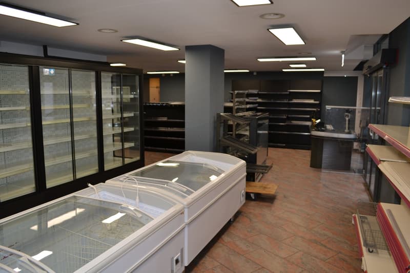 commercial freezers, shelves, tiled floor