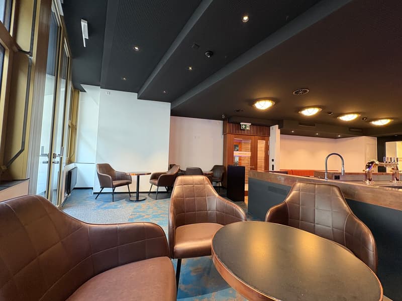 leather chairs, round tables, modern decor, ceiling lamps, white walls, carpeted floor