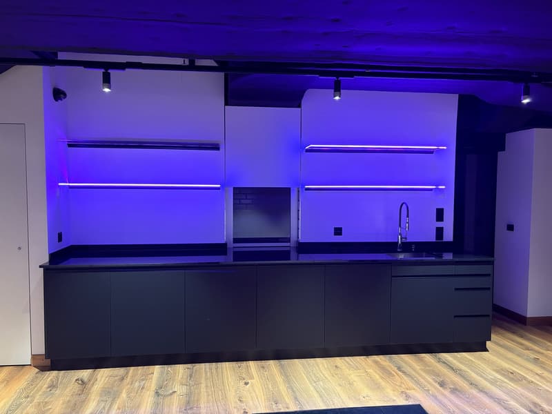 Contemporary kitchen, wooden floor, modern cabinetry, purple accent lighting, built-in appliances, stainless steel sink