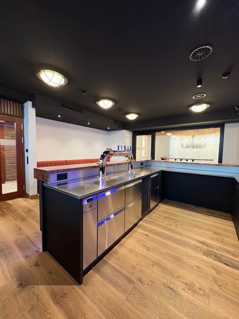 large counter with sink, faucets, dishwasher, wood floor