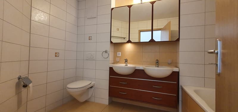 modern bathroom with white tiles, double sink, toilet, bathtub, mirror, wooden cabinet