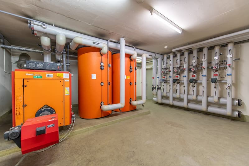 Industrial-style room with heating equipment, white and orange pipes, valves, and meters, concrete floor, and ceiling light