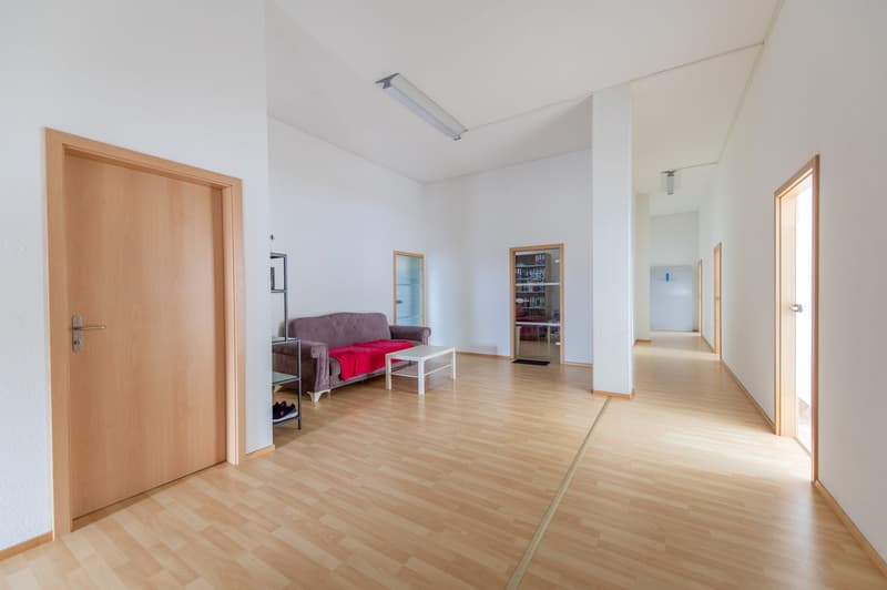 Open layout with a living area, hallway, and doors to other rooms. The living area contains a couch, coffee table, and a glass shelf.
