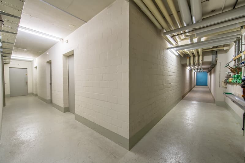 Empty corridor, white walls, gray concrete floor, pipes on ceiling, gray doors on left, and blue door at end