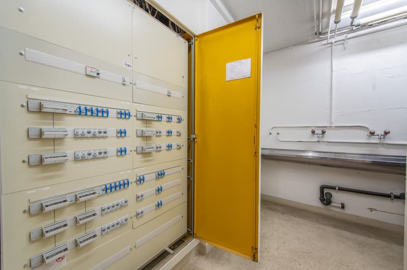 white walls, yellow door, electrical panels, white ceiling, sink, plumbing pipes, concrete floor