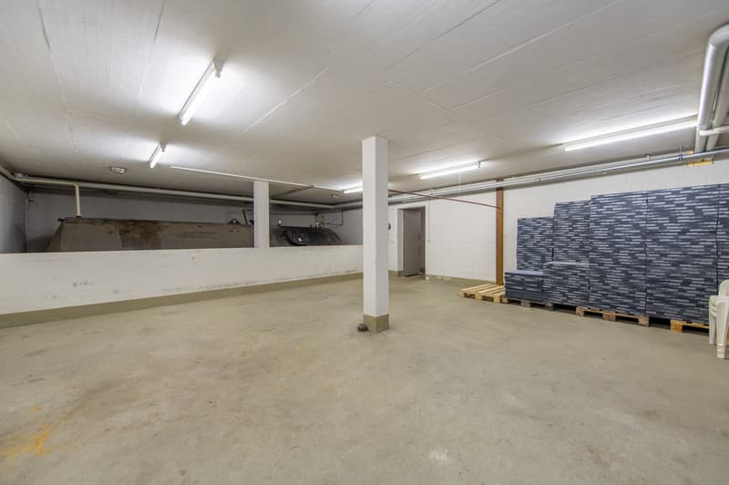 empty room, white walls, concrete floor, ceiling with light strips, entrance