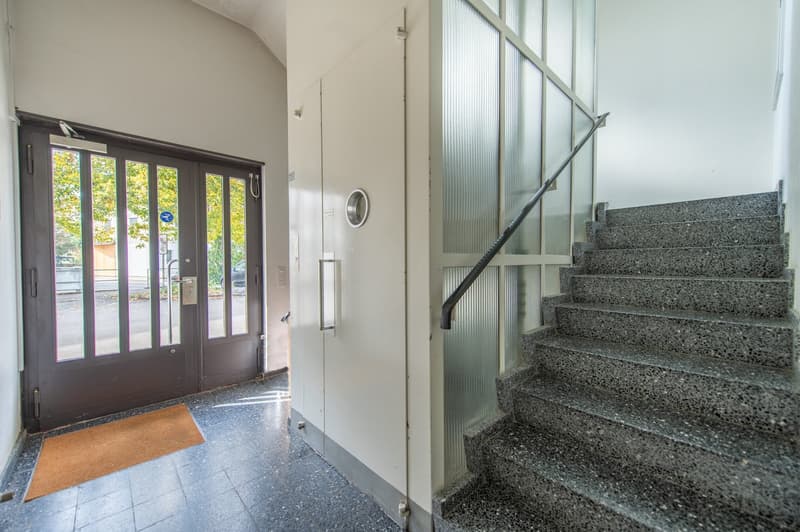 stone steps, tiled floor, double door, tiled rug