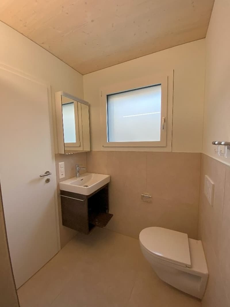 Bathroom with a sink vanity, toilet, and a window