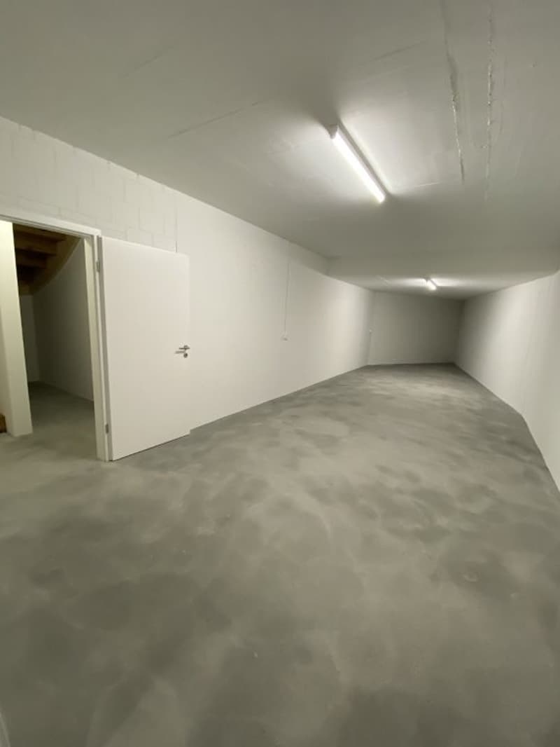 Large empty room with white walls, concrete floor, and overhead lighting fixtures. The room appears to be unfinished or under renovation.
