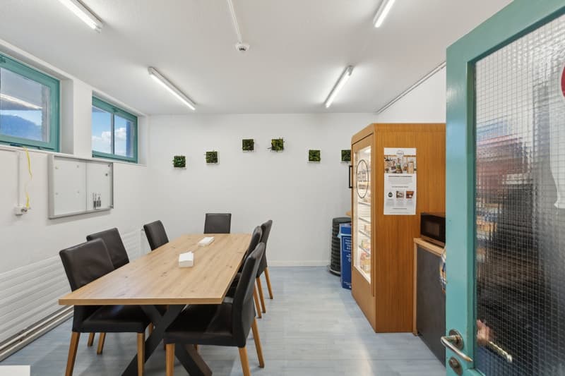 Bright and modern office space with a large wooden table, black leather chairs, and a kitchenette area with a dishwasher. The room has large windows, white walls, and hanging plants on the walls.