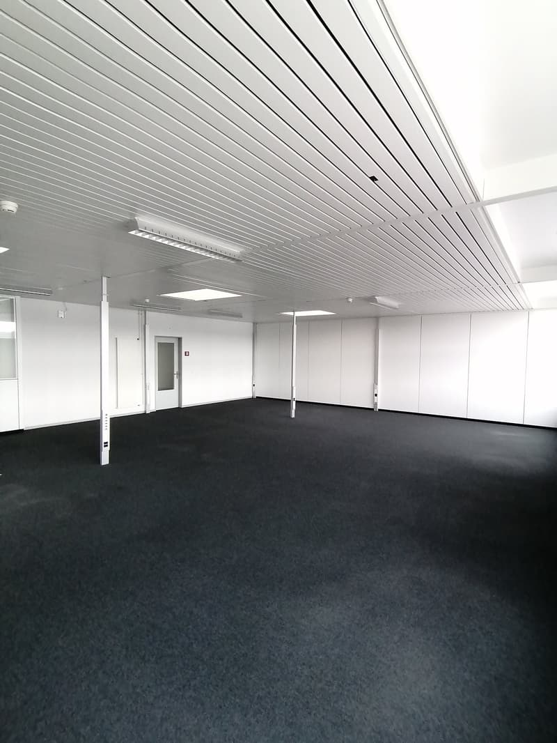 Large open office space with white walls, gray ceiling panels, and black carpeted floor. The room appears to be empty and ready for use.