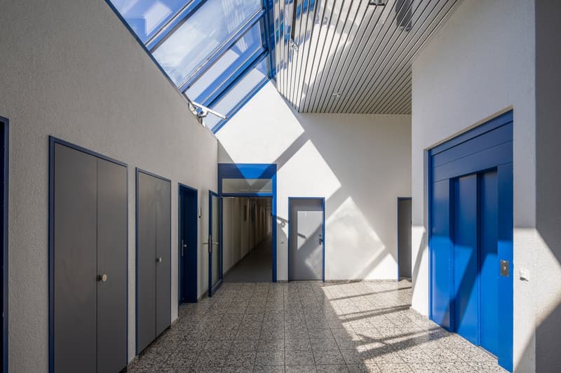 elevated access level, blue doors, tiled floor, glass ceiling