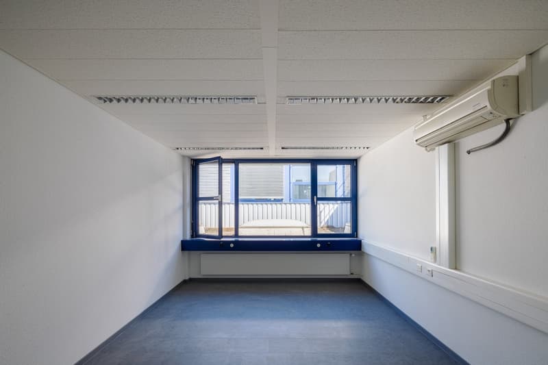 open window with open shutters, empty room, white walls, blue floor, white ceiling