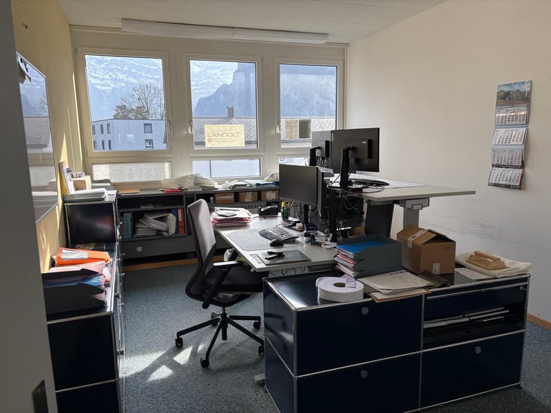 An office with multiple desks, computer monitors, a chair, books, and a window overlooking the mountains