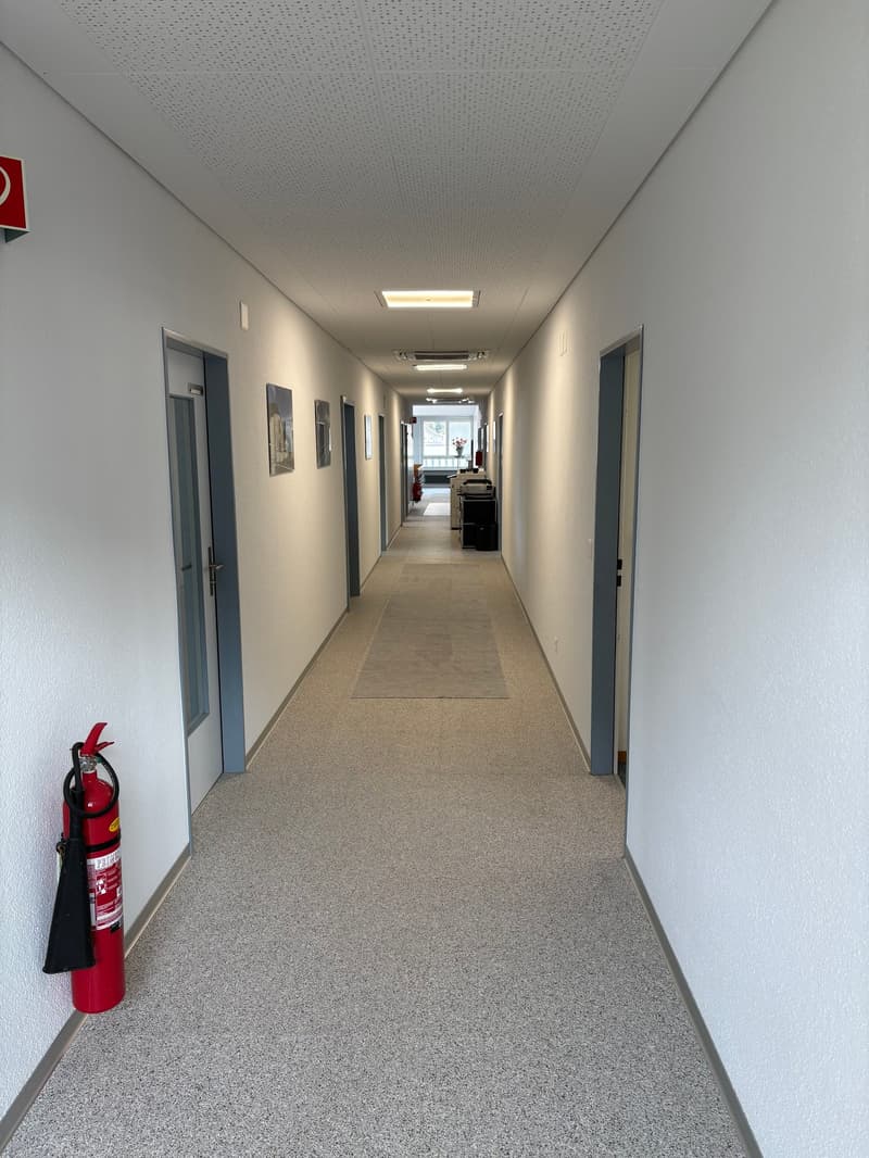 Empty hallway, carpeted floor, fire extinguisher, white walls, fluorescent ceiling lights, open doors at the end