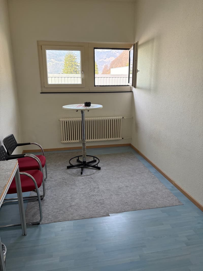 Empty room with windows, wooden floor, table, chairs, heater, rug