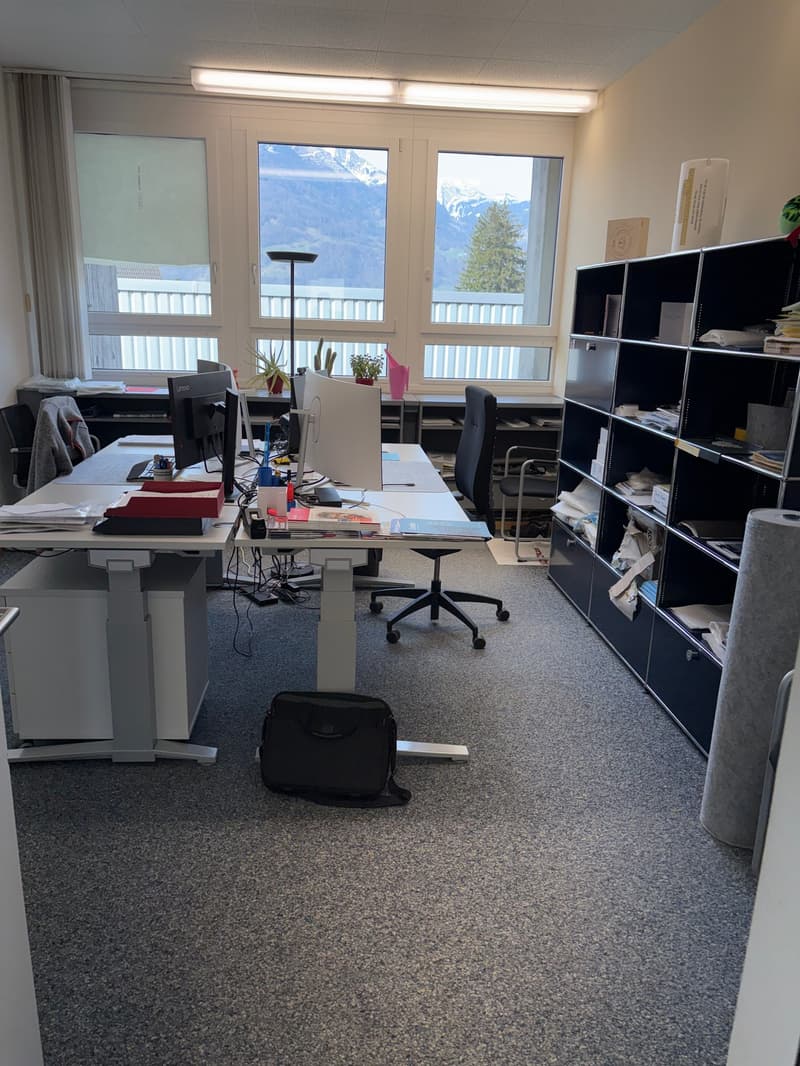 Desks, office chairs, bookshelf with various items, floor lamp, floor covered in grey carpet, double doors, glass windows with balcony view